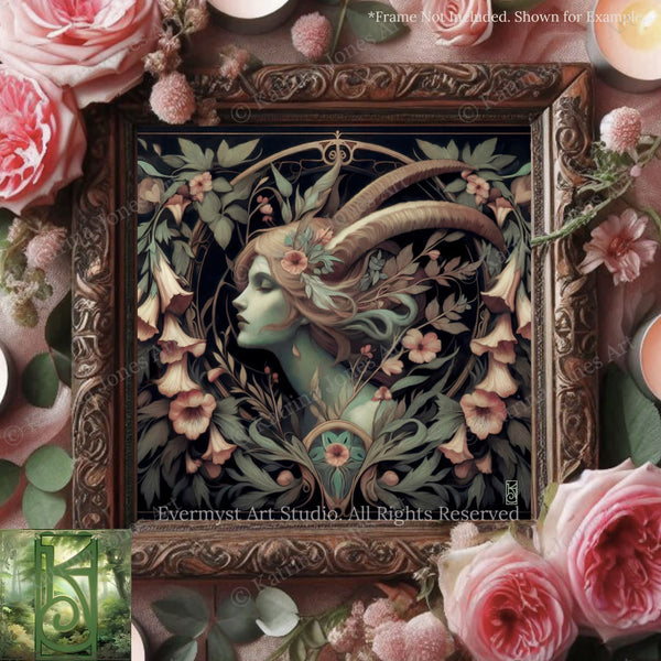 a framed artwork depicting a woman with horns surrounded by floral elements, including pink roses and greenery.