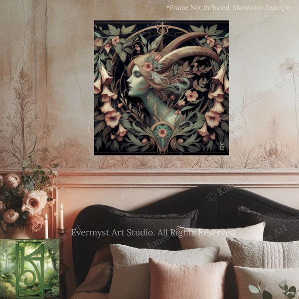 a large, ornate painting of a woman's face with horns and a floral design, hanging on a wall above a couch.