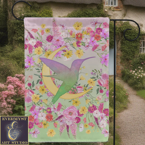 a banner with a bird and flowers on it