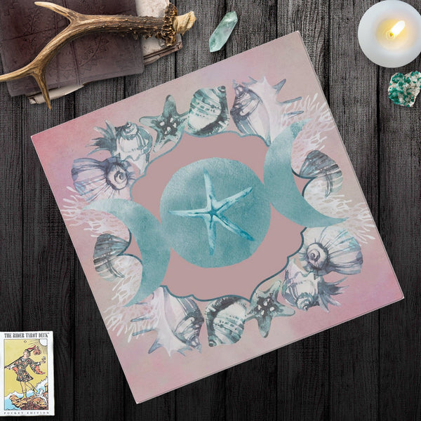 Sea Moon Water Witch Altar And Tarot Cloth - Blue Pink Handmade Square
