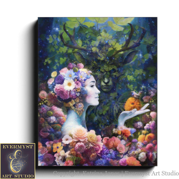 Beltane Wedding Art Print - May Queen And Horned God Pagan Fantasy Wall Decor