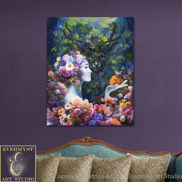 Beltane Wedding Art Print - May Queen And Horned God Pagan Fantasy Wall Decor