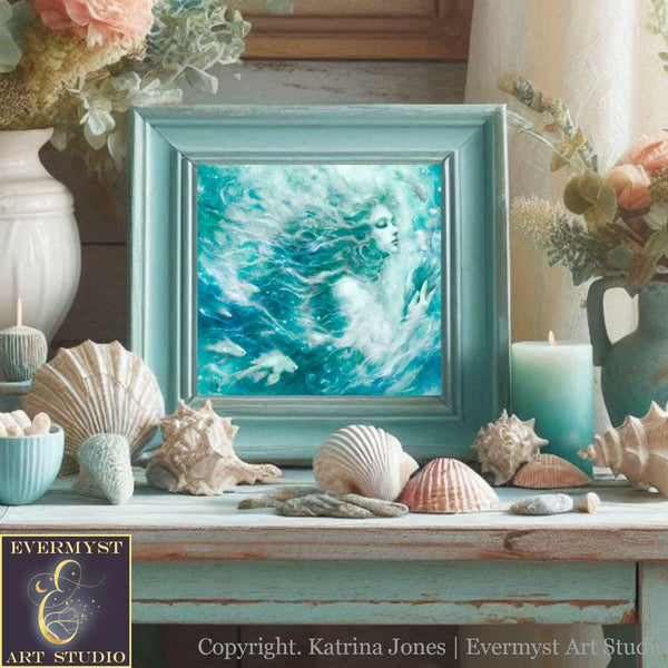 a painting of a mermaid in a blue frame surrounded by seashells