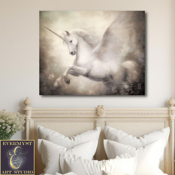 Elegant White Pegasus Painting - Mythic Unicorn Art Print Decor