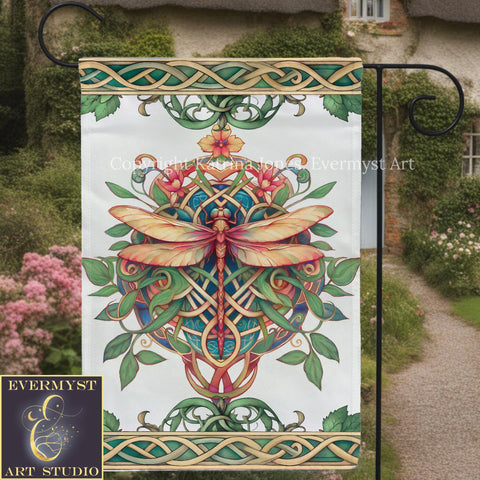 Celtic Dragonfly Garden Flag - Summer Dragonfly Flowers Yard Banner