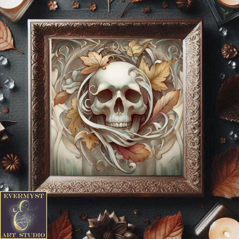 a painting of a skull surrounded by autumn leaves