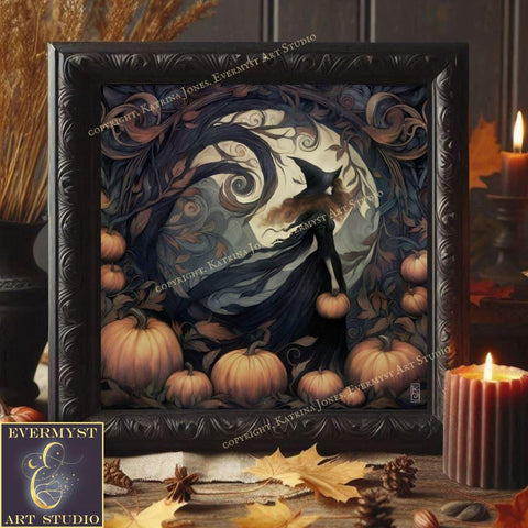 a picture frame with a picture of a witch and pumpkins