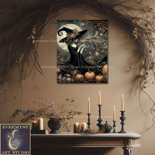a table with candles and a painting of a witch