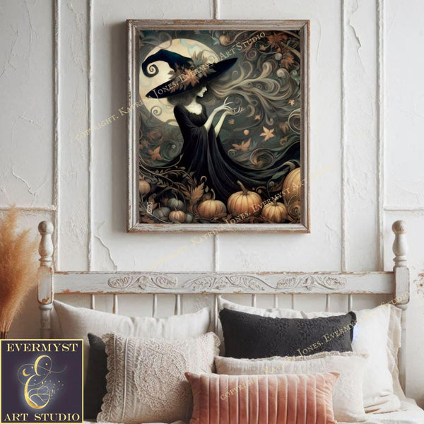 a bed with a picture of a witch on it
