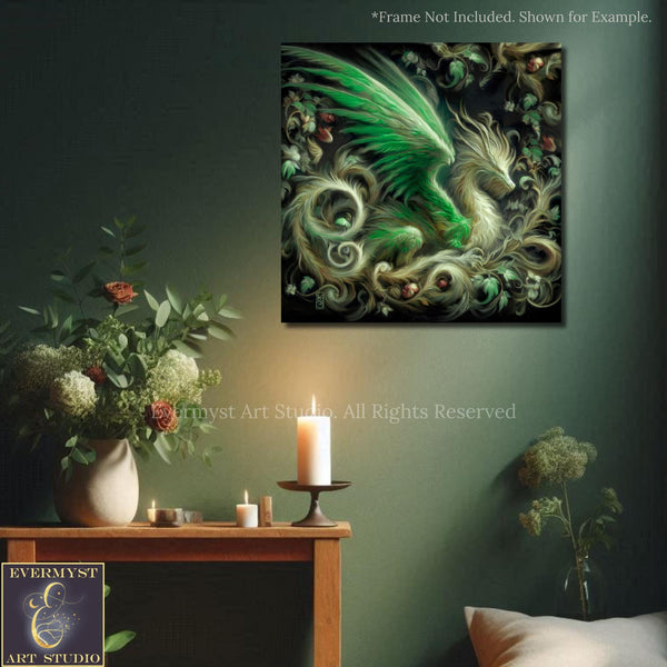 a painting of a green dragon on a green wall