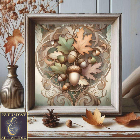 a picture of some leaves and acorns on a table