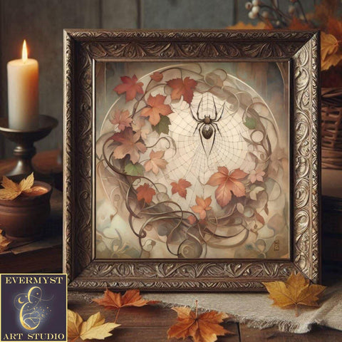 a picture of a spider in a frame surrounded by autumn leaves