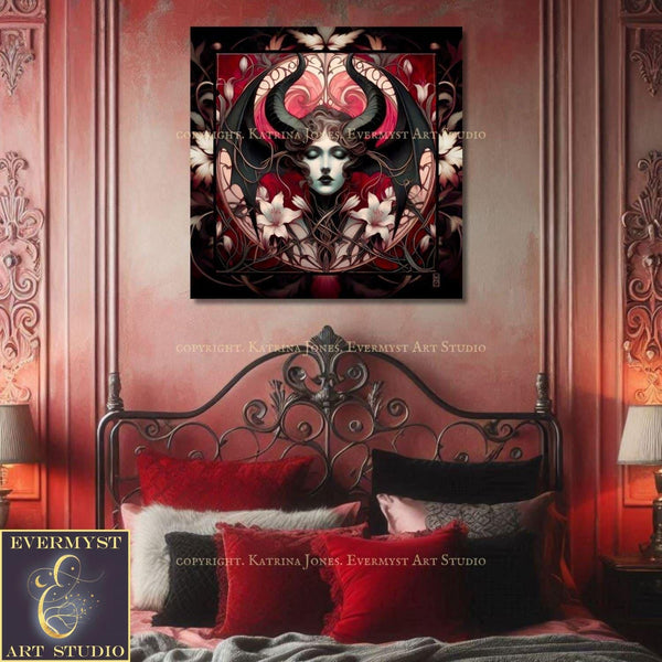 a painting of a woman&#39;s face on a wall above a bed