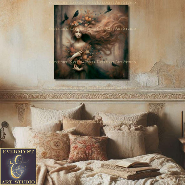 a painting of a woman on a wall above a bed