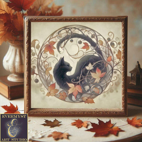 a picture of a cat in a frame with autumn leaves