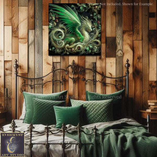 a painting of a green dragon on a wooden wall above a bed
