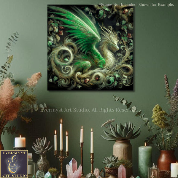 a painting of a green dragon surrounded by candles