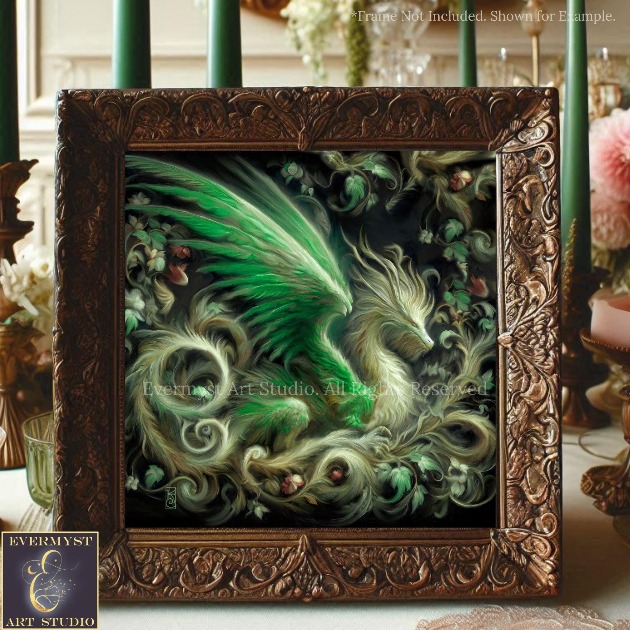a painting of a green dragon in a frame