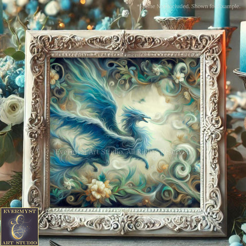 a painting of a blue dragon in a frame