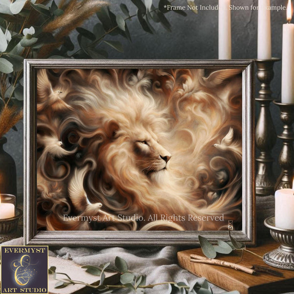 Lion Art Print - Mythic Fantasy Canvas - Dreamy Renaissance Inspired Animal Painting