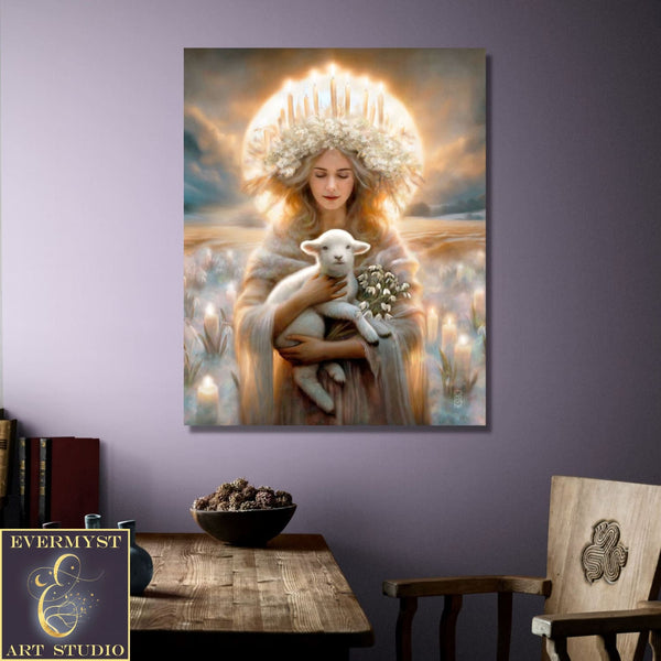 Imbolc Goddess Art Print First Sign Of Spring With Lamb Canvas Wall Pagan Witch Decor