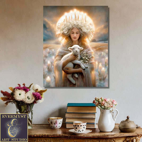 Imbolc Goddess Art Print First Sign Of Spring With Lamb Canvas Wall Pagan Witch Decor