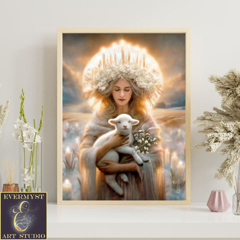 Imbolc Goddess Art Print First Sign Of Spring With Lamb Canvas Wall Pagan Witch Decor