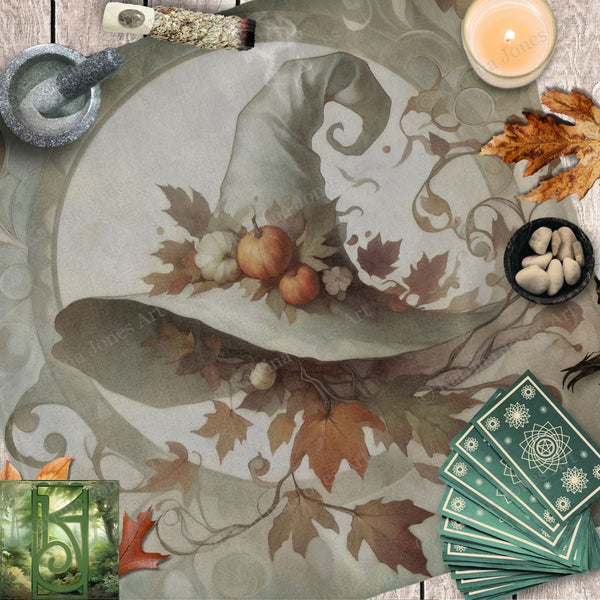a table topped with a plate covered in autumn leaves