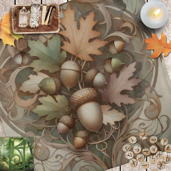 a picture of a table with candles and autumn leaves