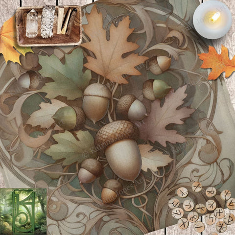 a picture of a table with candles and autumn leaves