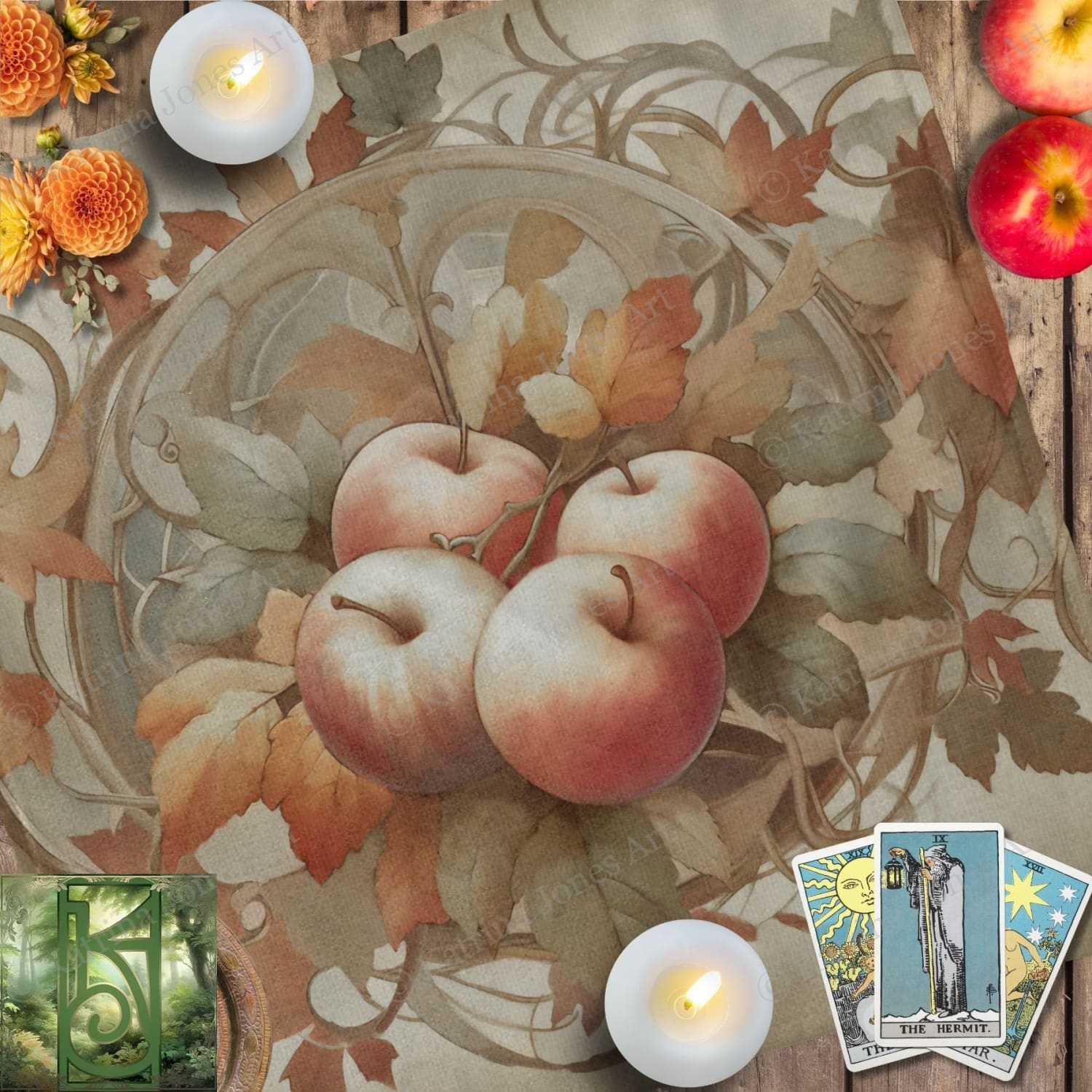 a table topped with candles and apples on top of a table