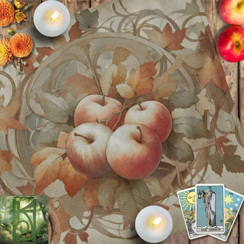 a table topped with candles and apples on top of a table