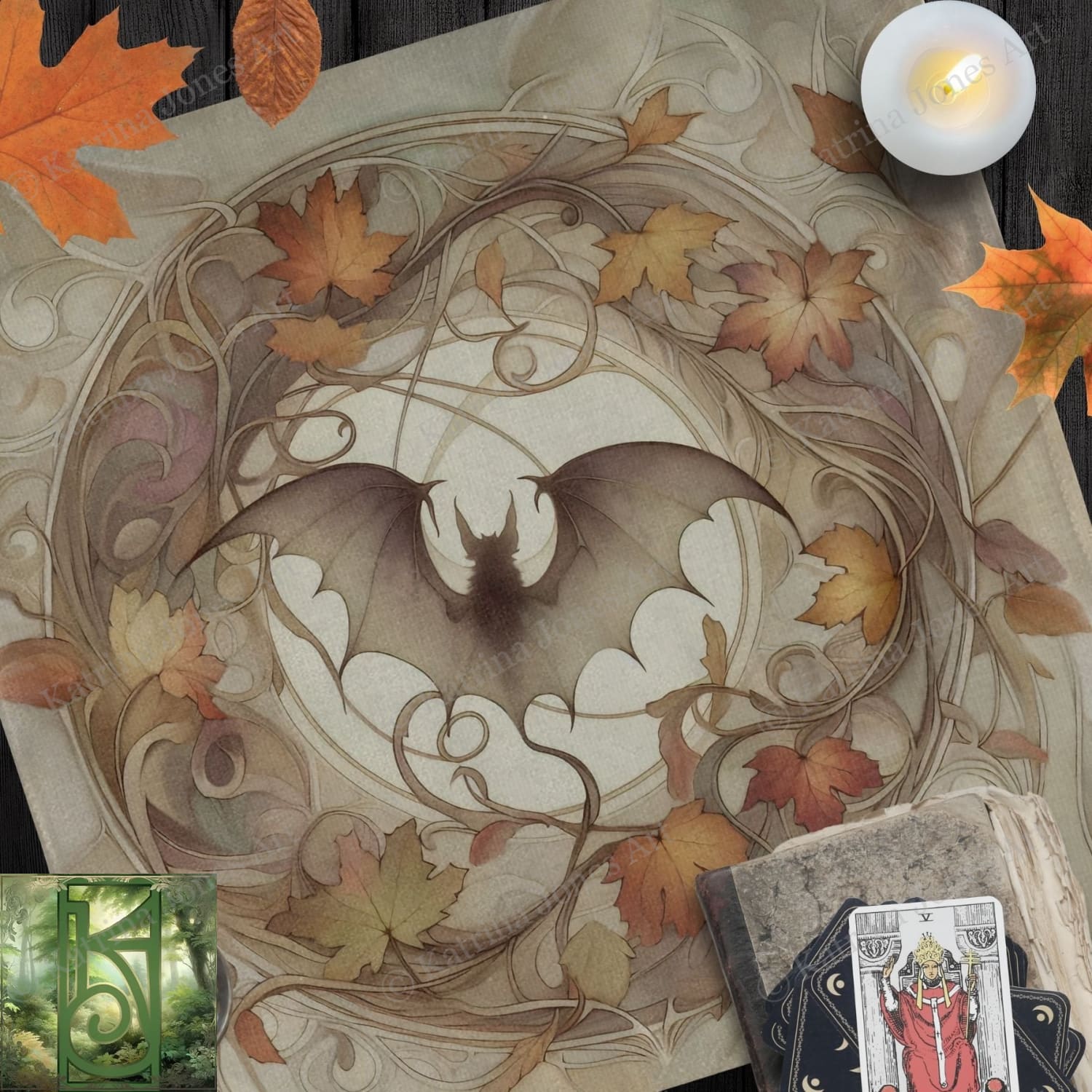 a picture of a bat surrounded by autumn leaves