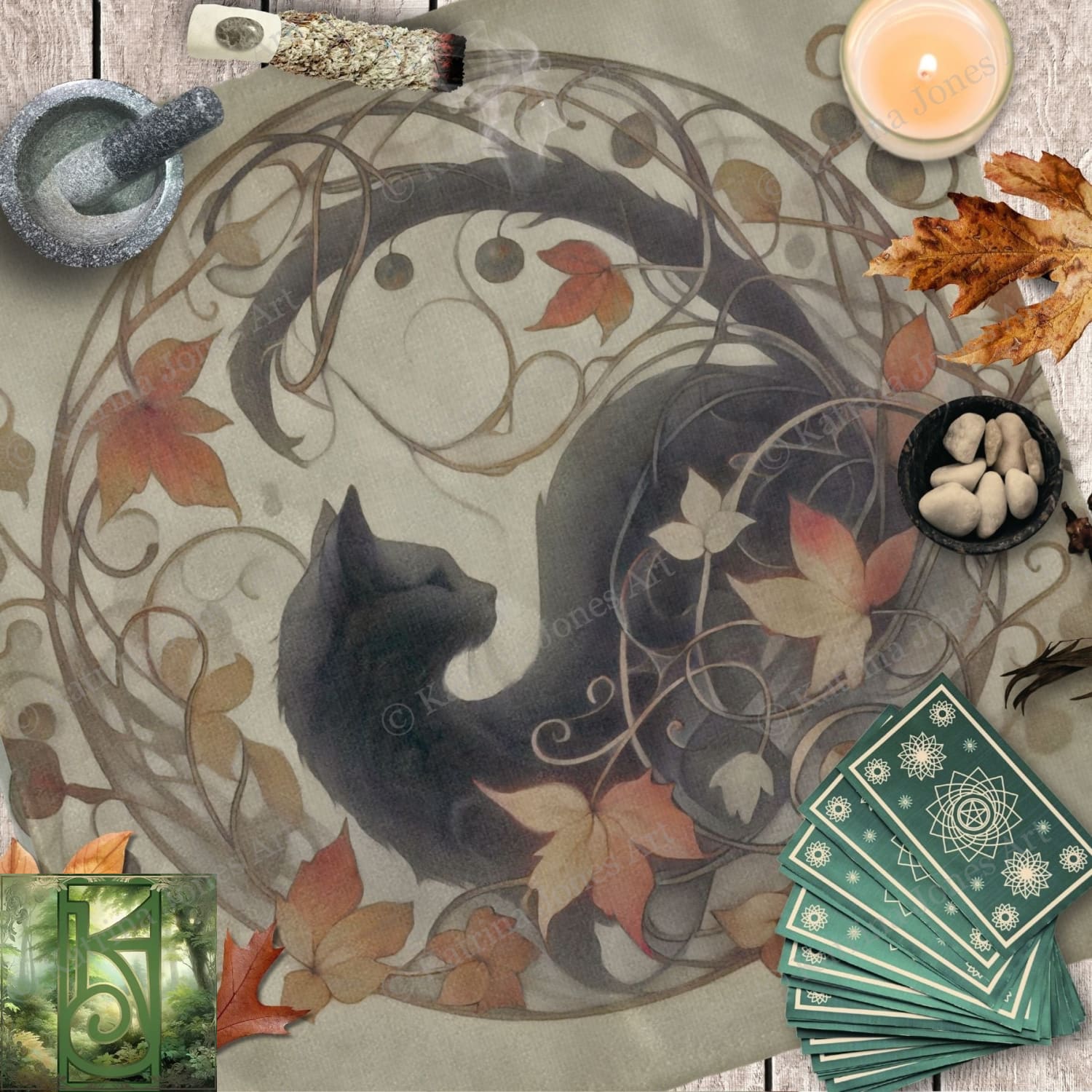 a picture of a cat surrounded by autumn leaves