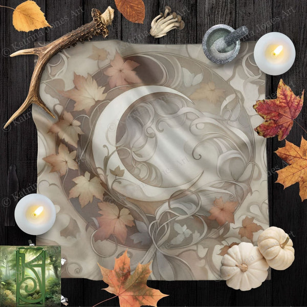 a picture of a table with candles and autumn leaves