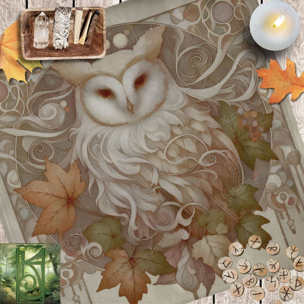 a picture of an owl surrounded by autumn leaves