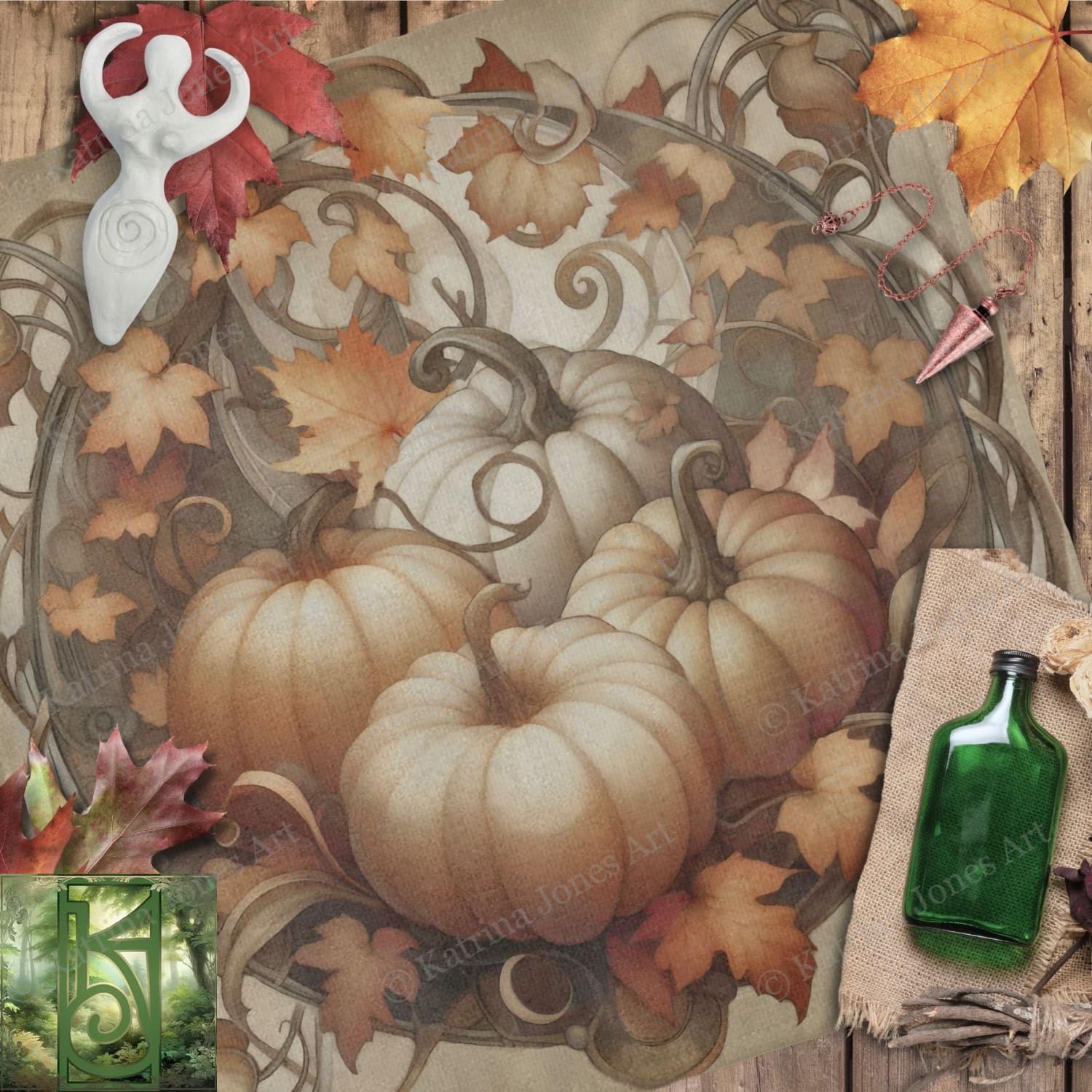 a painting of a pumpkin surrounded by autumn leaves