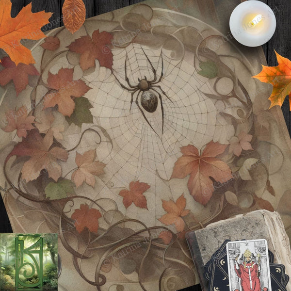a spider sits on a table next to a book and candle