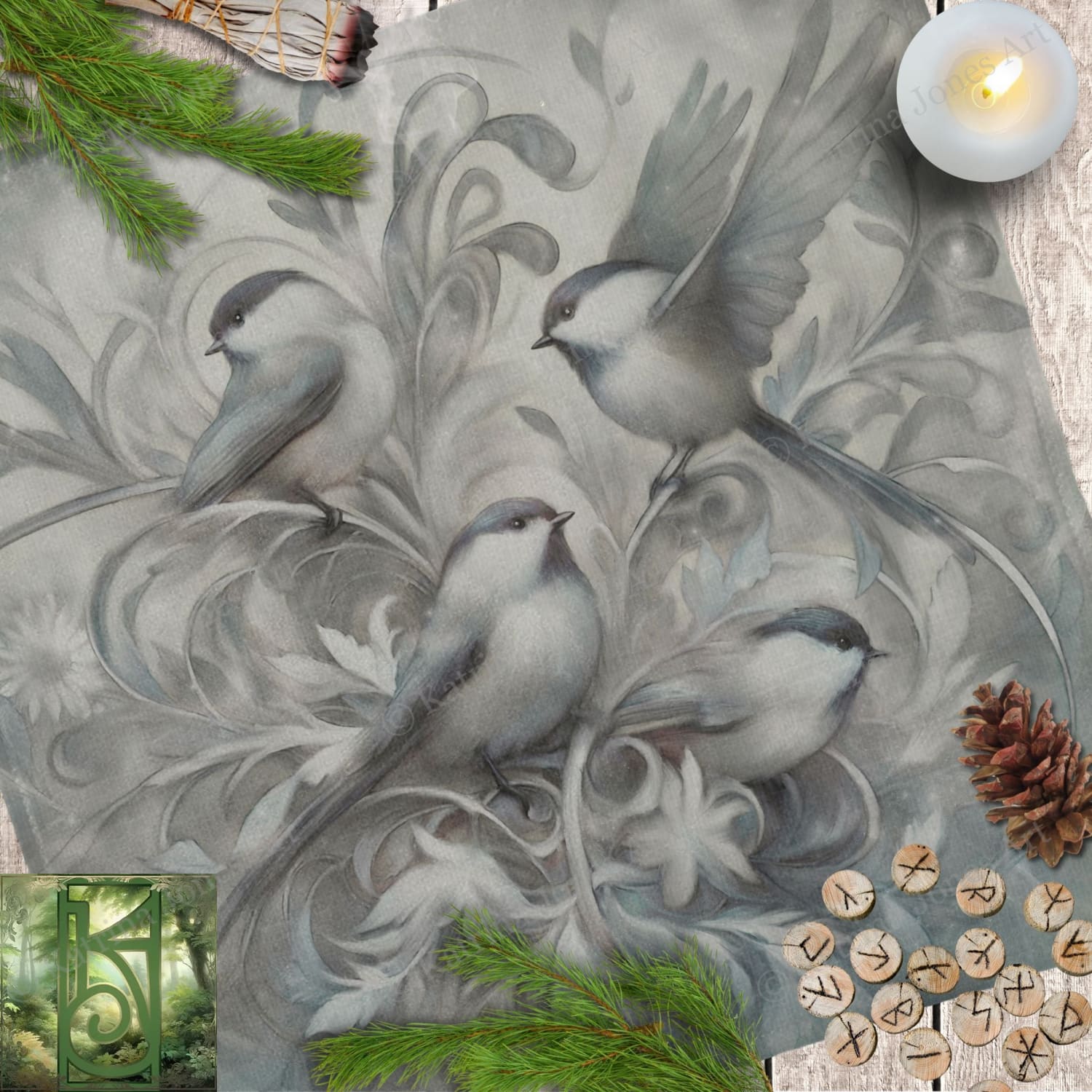 a painting of three birds sitting on top of a table