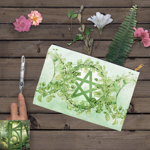 Leafy Green Pentacle Accessory Pouches Witch Wicca Pagan Nature Design Zippered Tarot Bag Pouch