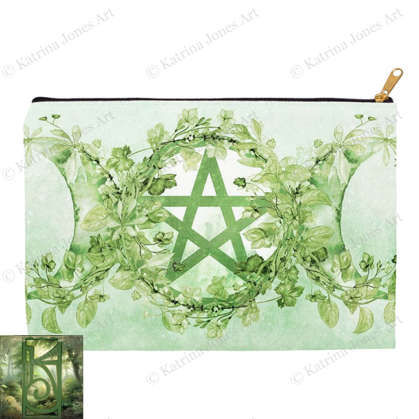 Leafy Green Pentacle Accessory Pouches Witch Wicca Pagan Nature Design Zippered Tarot Bag Pouch