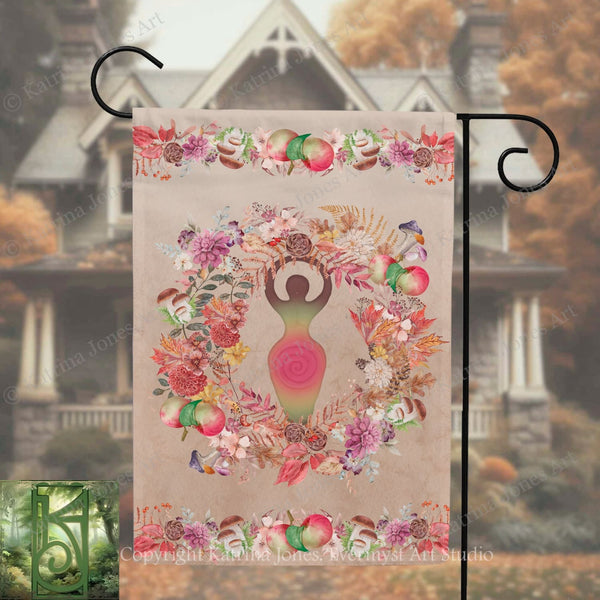 A banner featuring a colorful floral design with a central figure holding a spiral-shaped object, set against a blurred background of a house and trees.