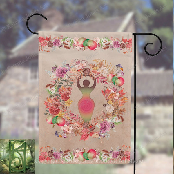a banner with a colorful floral design and a central figure of a woman with a spiral design on her body.