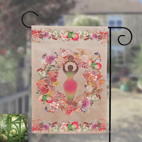 A banner with a colorful floral design featuring a woman figure surrounded by various flowers and leaves.