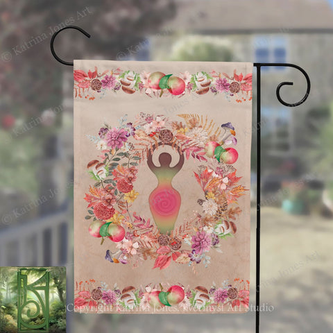 A banner with a colorful floral design featuring a woman figure surrounded by various flowers and leaves.