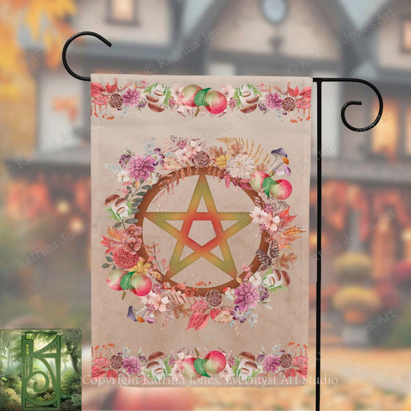 a banner with a large star design surrounded by a wreath of colorful flowers and autumn leaves.