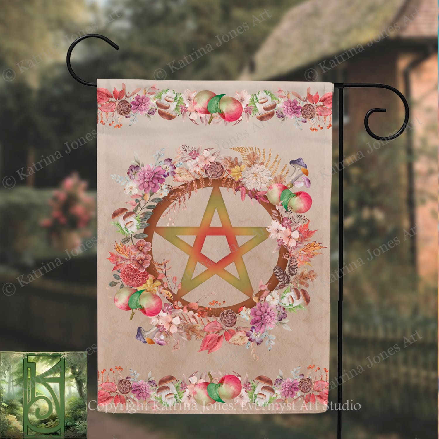 A banner with a large star design surrounded by a wreath of colorful flowers and fruits, including apples and pears.