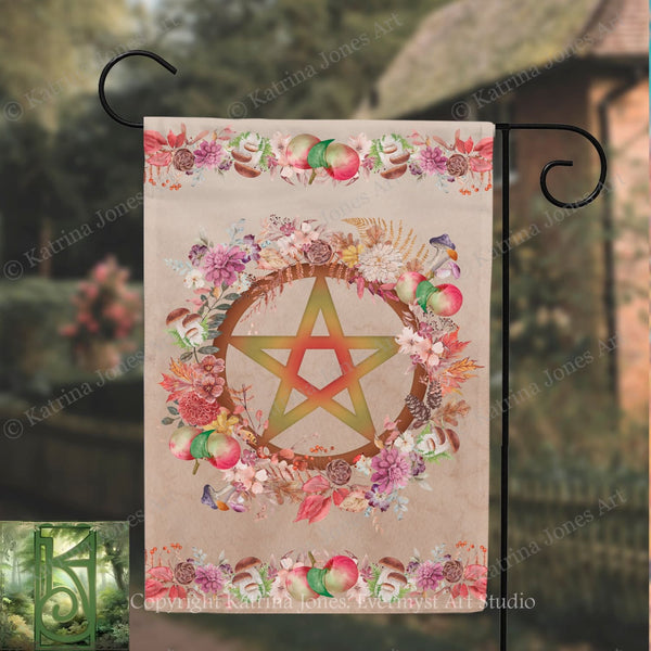 A banner with a large star design surrounded by a wreath of colorful flowers and fruits, including apples and pears.
