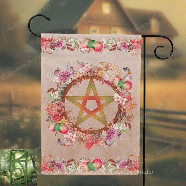 a banner with a large star design surrounded by a wreath of colorful flowers and fruits.
