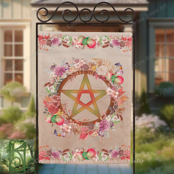 a banner with a large star design surrounded by a wreath of colorful flowers and fruits.